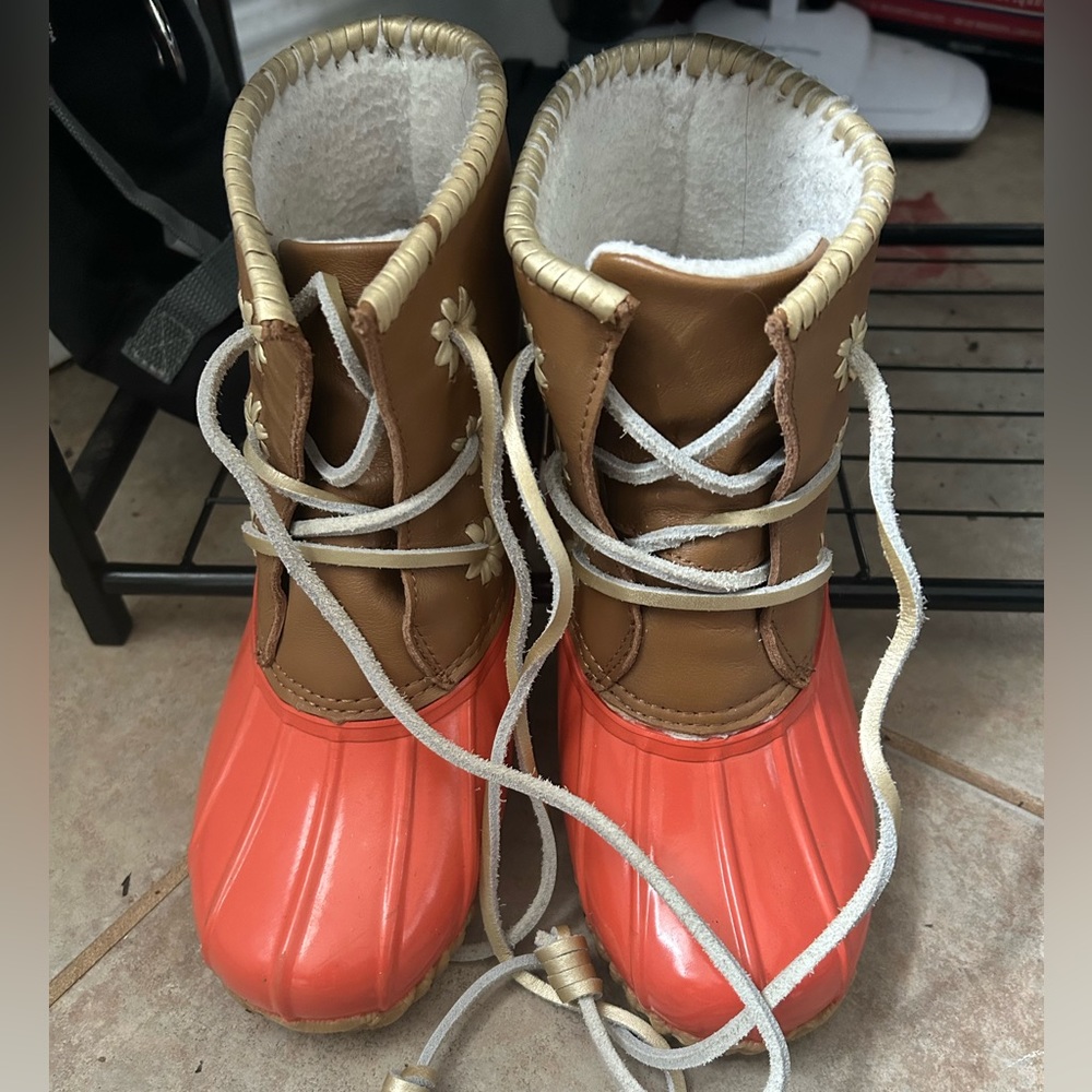 Jack Rogers Brown Orange Leather Duck Boots Lace Up Womens Size 6